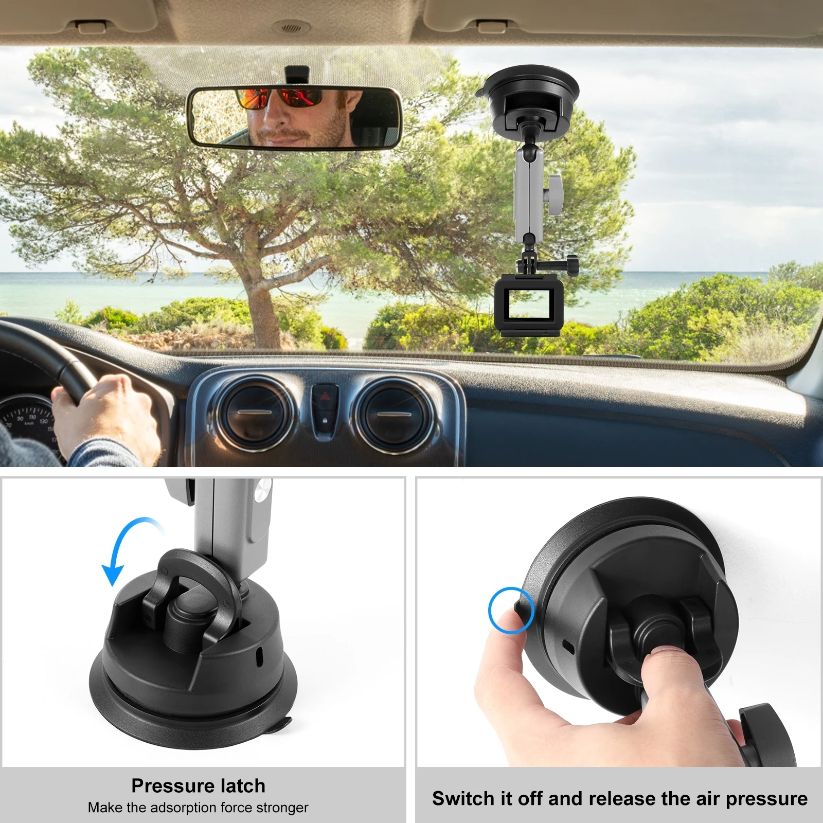 Puluz-Car Ventosa Braço Mount com adaptador de montagem, parafuso longo para Gopro, DJI, Insta360, X3 e outros esportes câmera de ação