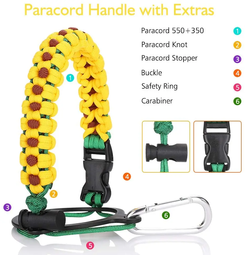 100Pcs Paracord Strap Sunflower Carrier Water Bottle Handle for  Wide Mouth 12oz to 64oz Bottle with Safety Ring Carabiner