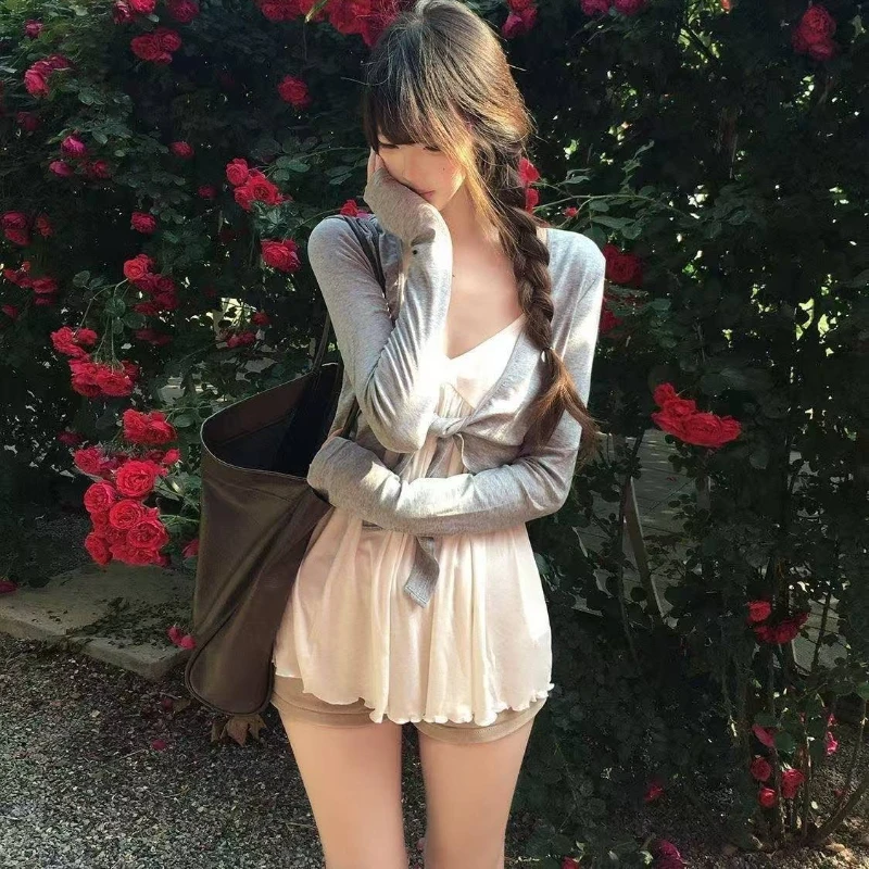 Japanese Sweet Lolita 2 Piece Sets Women Kawaii Long Sleeve Knit Coat V Neck Inside Straps Top Girl Loose Casual Going Out Suit