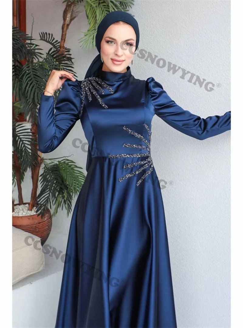 Vestido De noche musulmán De manga larga para mujer, Hijab, apliques De satén islámicos, vestido De fiesta Formal árabe De Dubái, azul marino