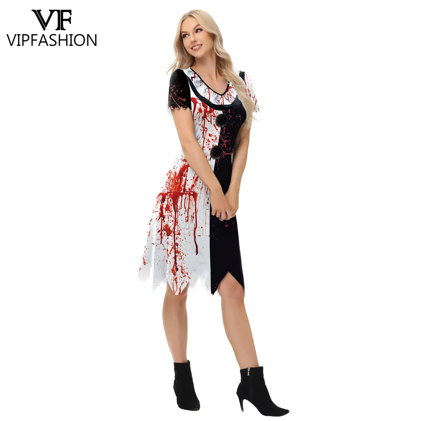 VIP FASHION-Terrifier 3 Bloody Clown fur s for Women, planchers y Halloween Cosplay Costume, Irregméthanol, Short Sleeve fur s, Sexy Party Clothes