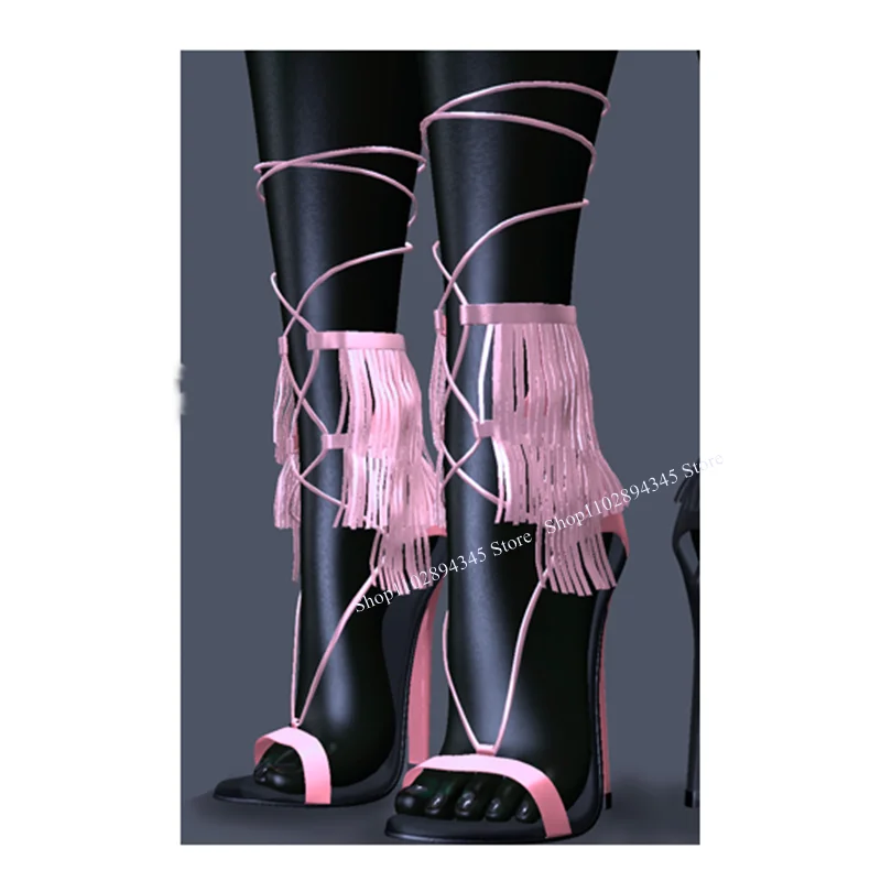 Black Tassels Mid Calf Lace Up Sandals Peep Toe Cut Out Thin High Heel Fashion Novel Western Summer Woman Shoes Zapatillas Mujer