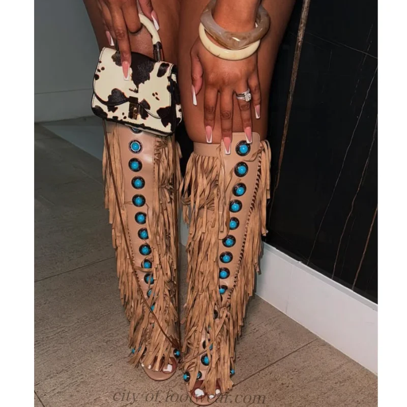 HOT SALE western Bohemian leather sandals boots sexy blue gem ankle straps high heels tassels summer designer quality lady shoes