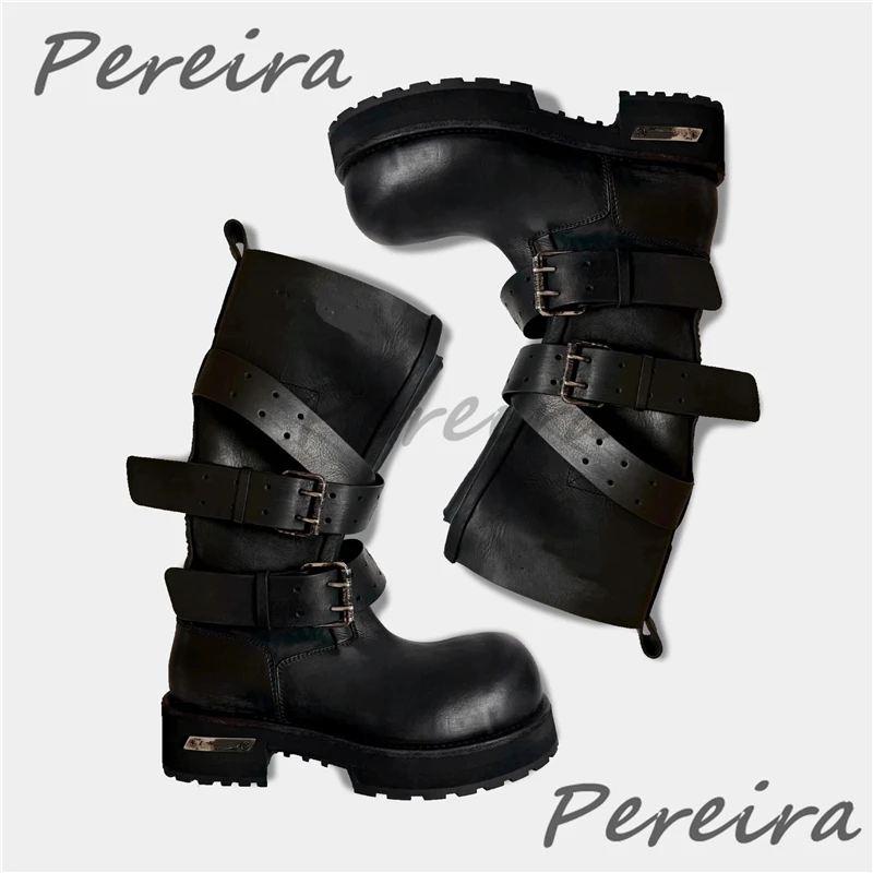 レトロベルトバックルオートバイブーツ メンズ レディース ビッグラウンドトゥ 厚底 ワイドレッグ ナイトブーツ パンク ブラックレザー カップルシューズ