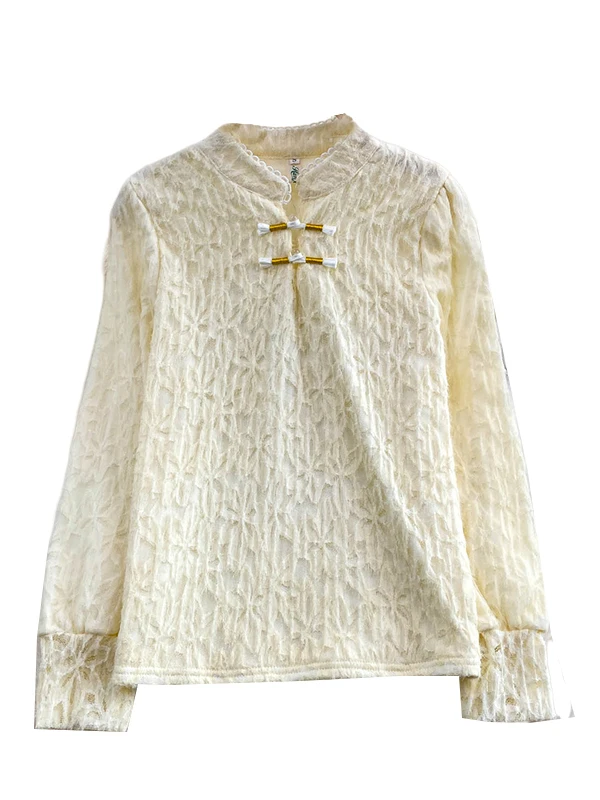 Rétro Sle boutonné col montant dentelle irt femmes automne hiver ample minceur gland couche de Base haut