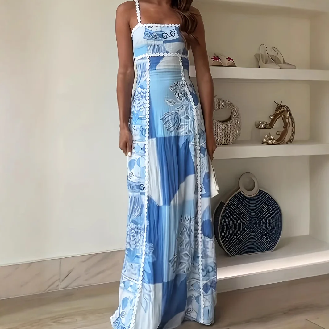 

2025 European and American Spring and Summer New Suspender Printing Dress Casual Loose Women's Dress