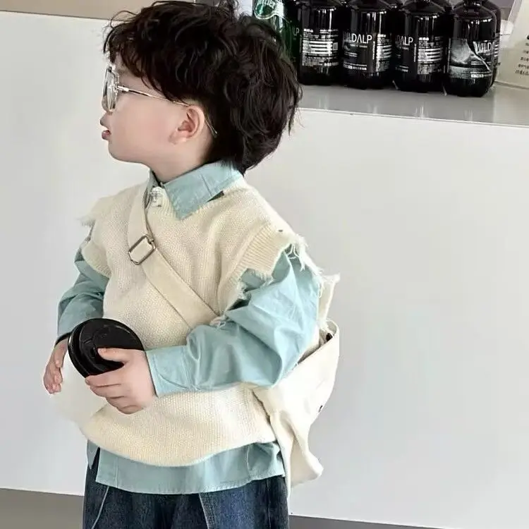 

Kids Autumn Spring Vest 2025 New Korean Fashionable Boys Girls Solid Color Sleeveless Ripped Chic Casual Daily Waistcoat