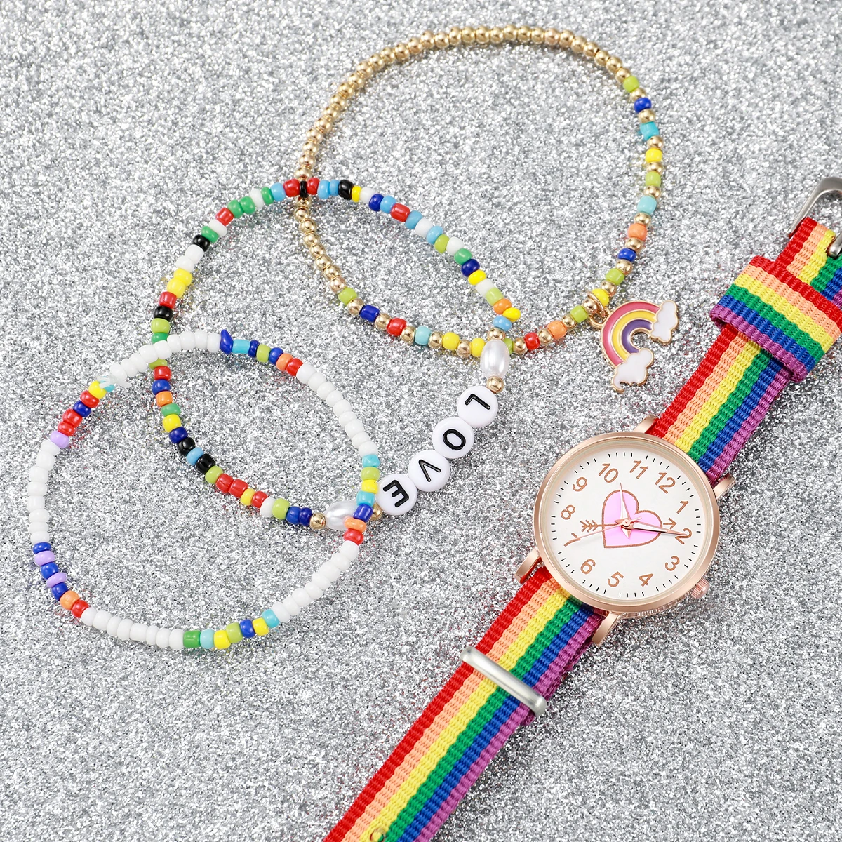 4PCS/Set Fashion Heart Dial Women\'s Watch Nylon Band Quartz Watch Rainbow Beads Bracelets Set