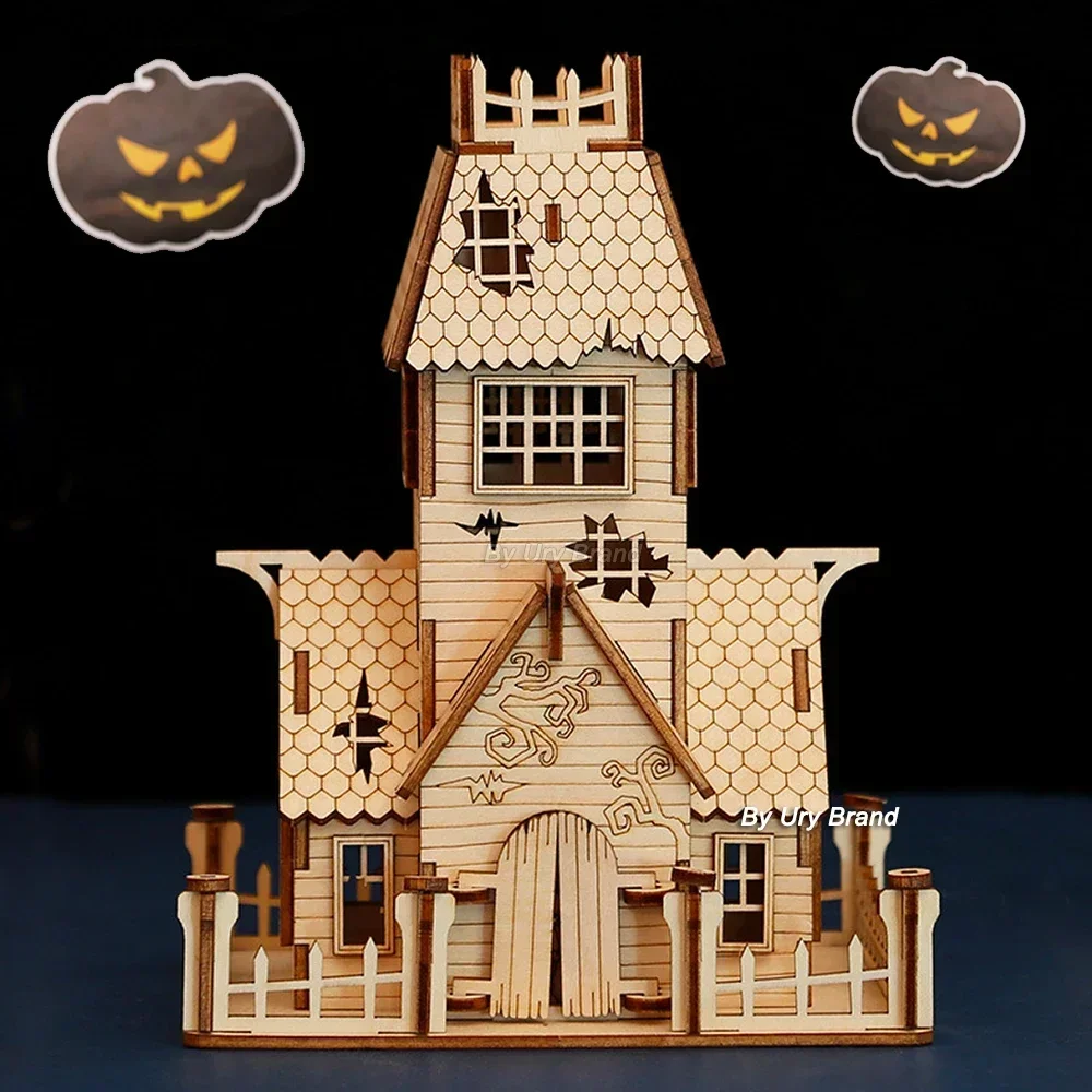 URY New 3D Wooden Puzzle Halloween Holiday Gift Ghost Tree House DIY Model Assembly Craft Kits Desk Decoration For Kids