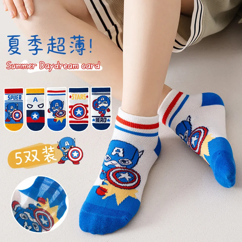 5 Pairs New Marvel Kids Socks Mesh Breathable Ice Thin Socks Summer Cartoon Iron Man Children Short Cotton Sock for Boys