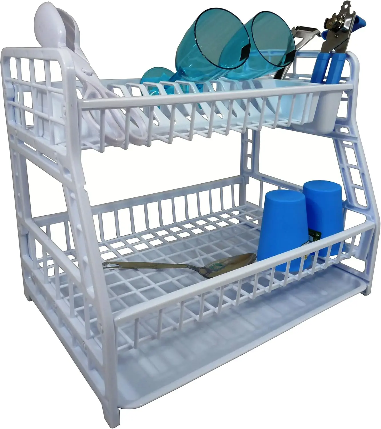 

White Plastic 2 Tier Dish Drainer Rack with Cutlery Holder for Kitchen Counter