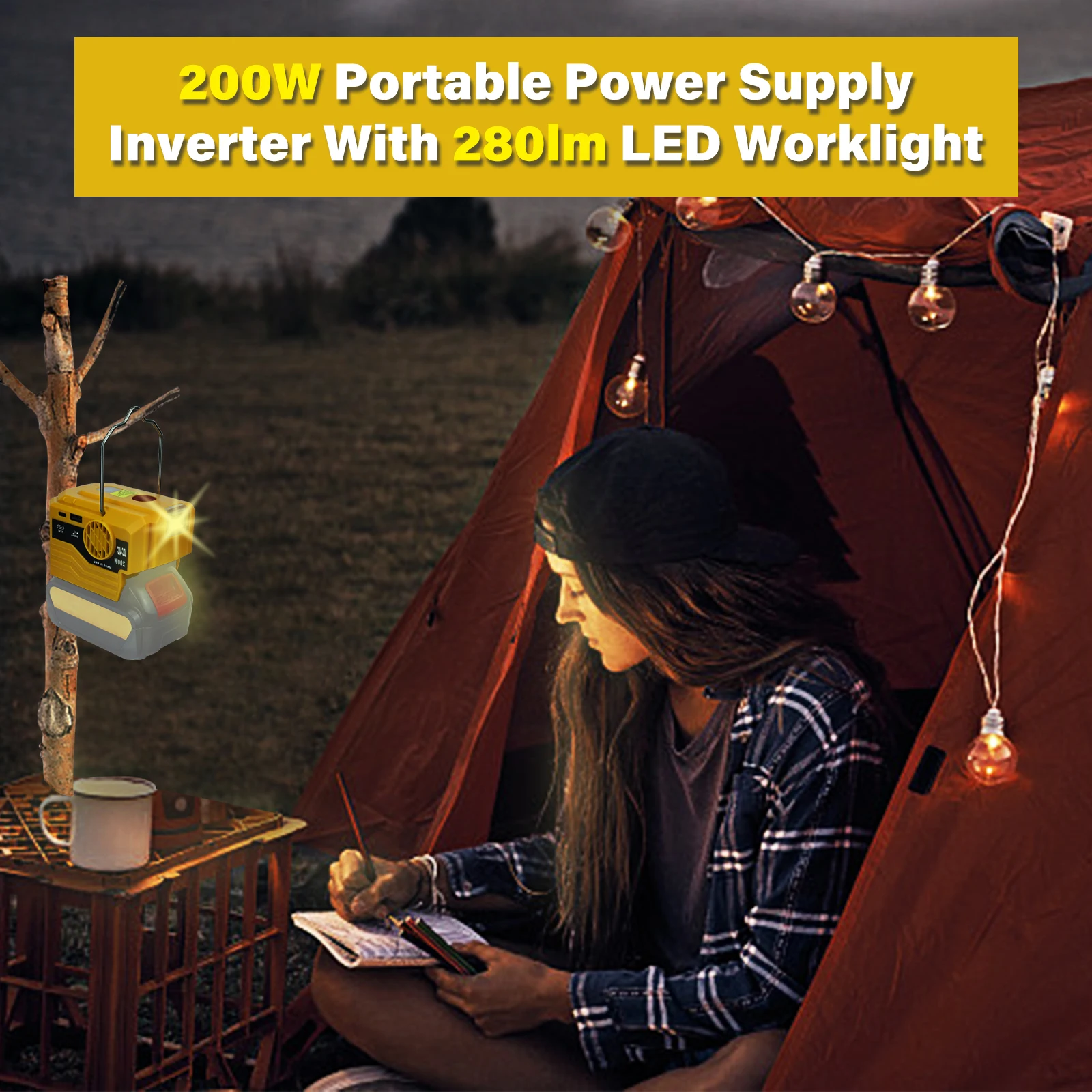 200W Portable Power Inverter 120V/220V Outdoor Mobile Lithium Battery Inverter with LED Light for Dewalt 18V 20V Li-ion Battery