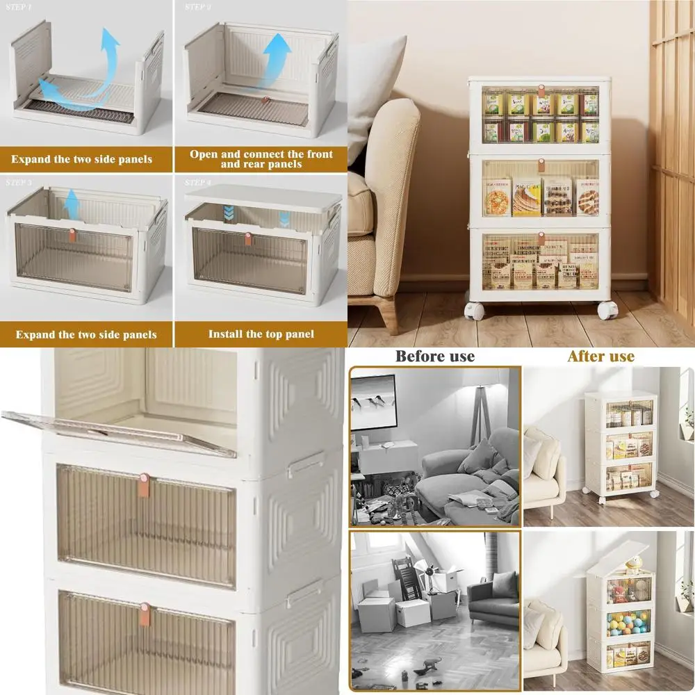 

3-Tier Stackable Plastic Storage Bins with Lids, Multipurpose Folding Containers for Home, Office, and Toys, White