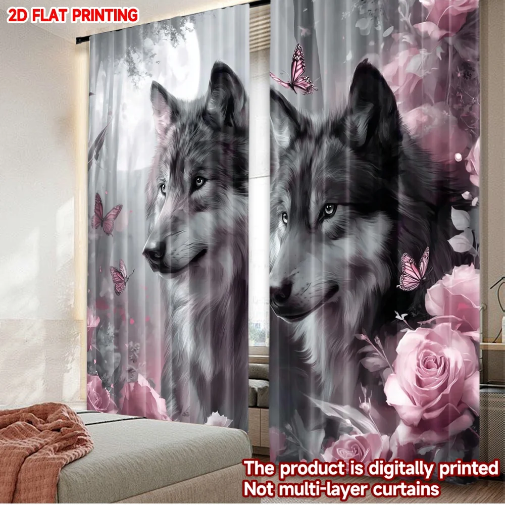 

2 шт. шторы с цветочным рисунком волка, жестокий волк с розовыми розами и бабочками на черном фоне для смелого декора гостиной