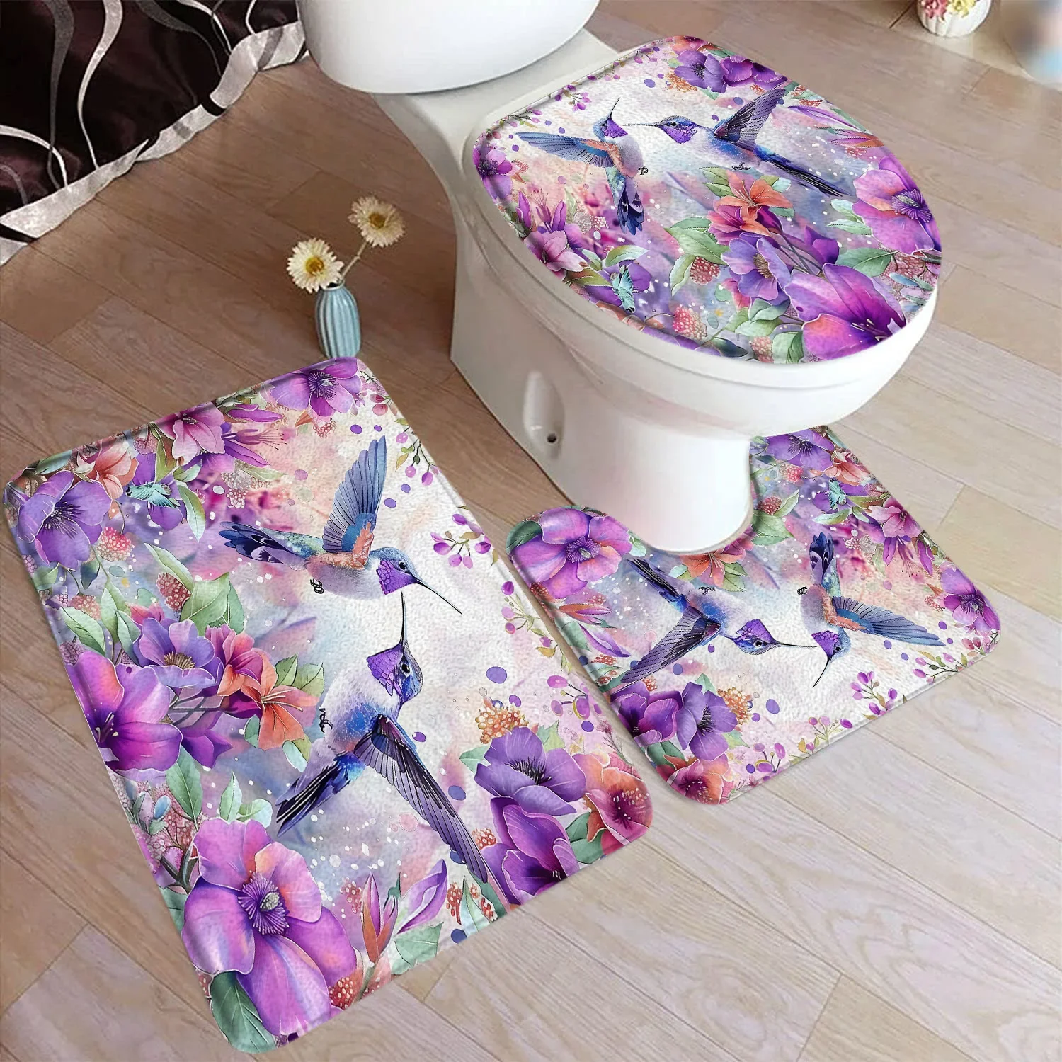 Hummingbird Bath Mat Set Purple Birds Floral Plants Modern Home Carpet Bathroom Decor Floor Rugs U-shaped Mats Toilet Lid Cover