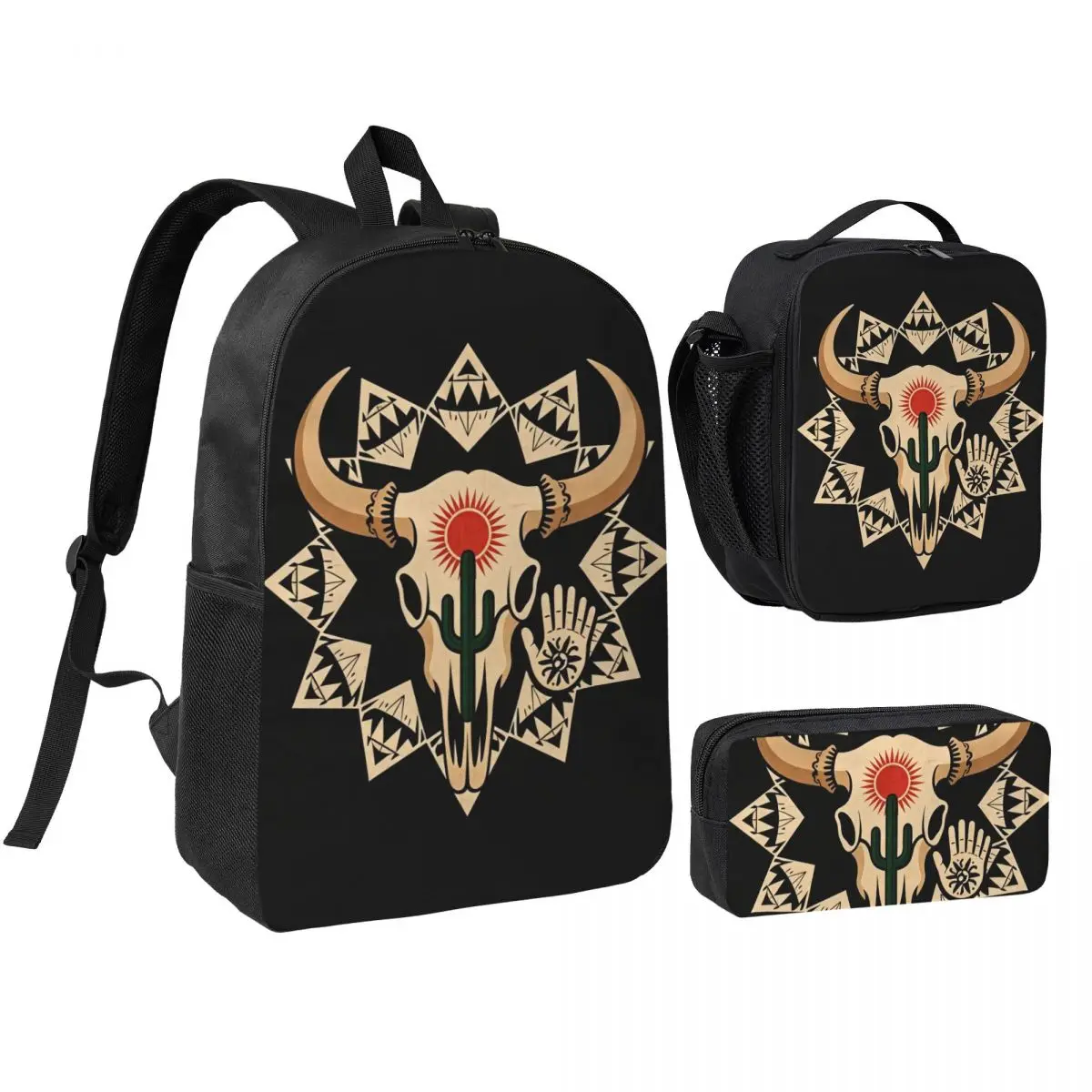 Western Bull Skull Cactus Sun Tribal Print Backpack Student BookBag School Bag Shoulder Bags 3ps Insulated Lunch Bag Pencil Case