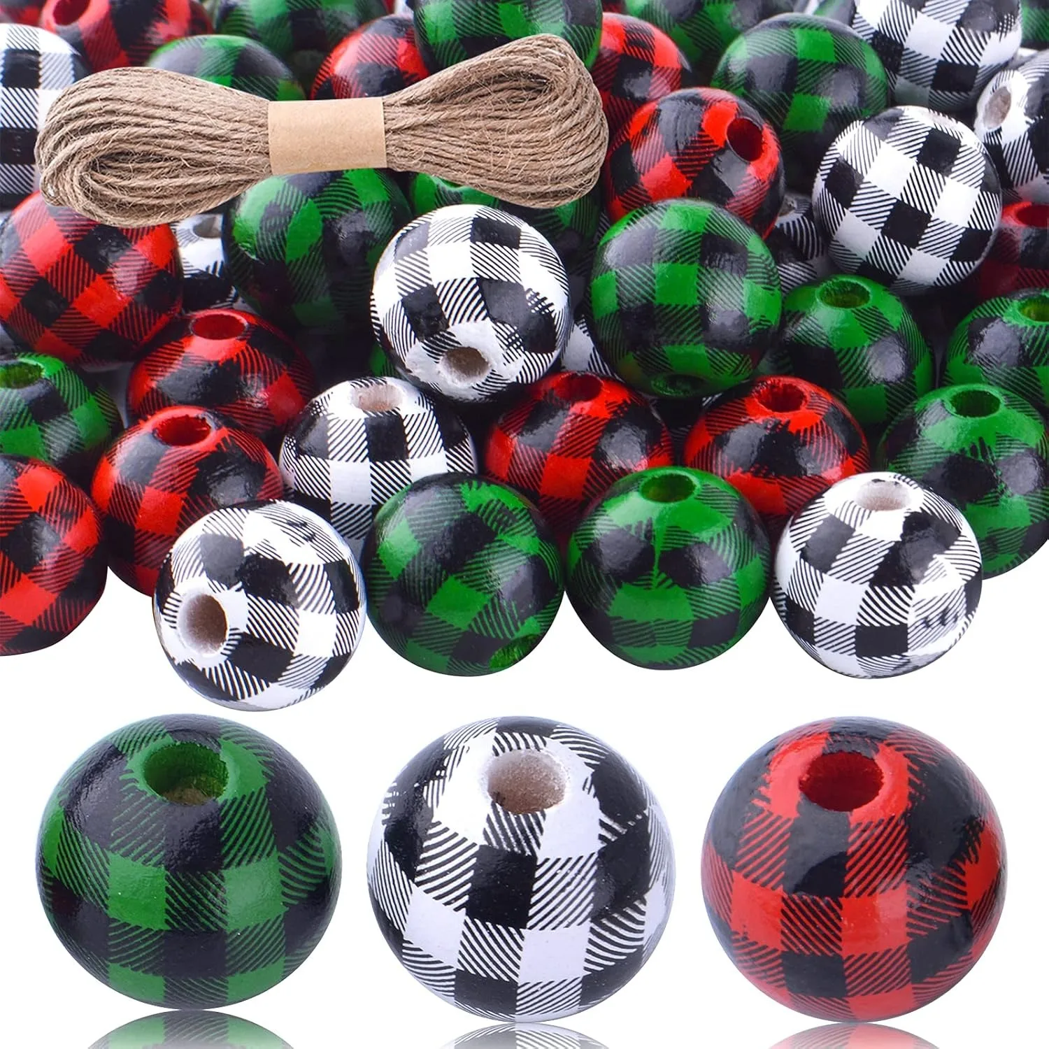 

Buffalo Plaid 120pcs Wood Beads - Natural Wood Round Beads with 10 Meters Rope for Jewelry Making and Home Garden Decoration