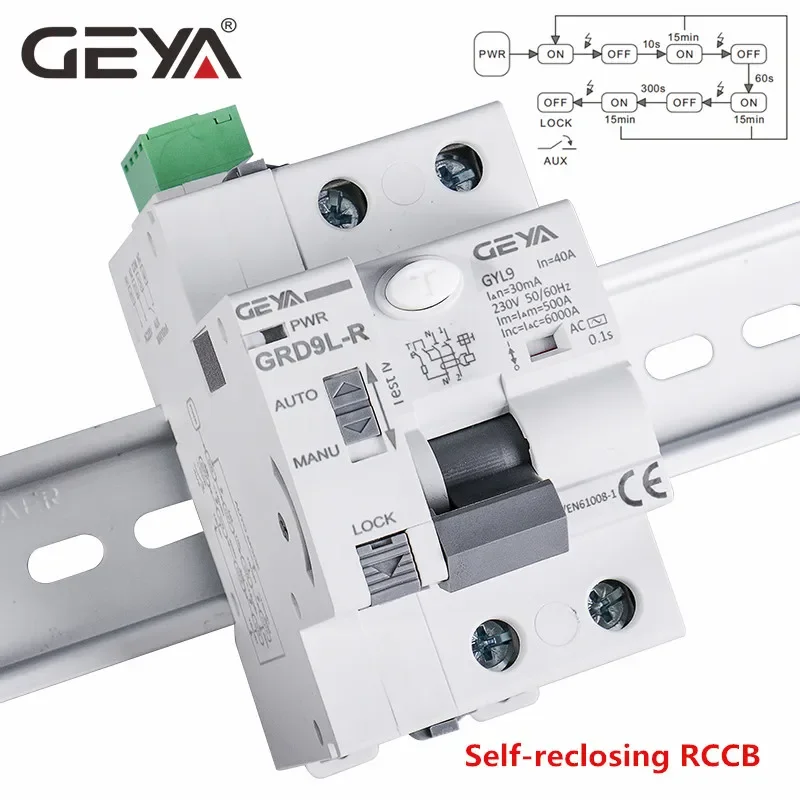 GEYA Dispositivo Auto-Reclosing Automático, RCD Smart Breaker, Tipo AC, GRD9L-R RCCB, 2P, 40A, 30mA, 100mA, 300mA