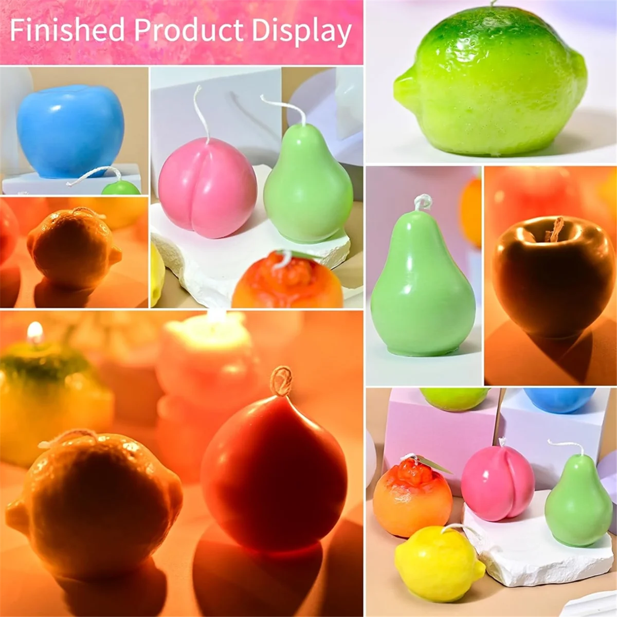 ABXK Juego de 5 moldes para velas de frutas, moldes de silicona 3D, pera, naranja, limón y melocotón para hacer velas, jabón de velas DIY