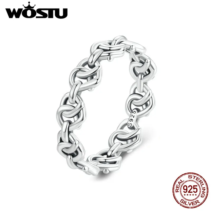 WOSTU 925 Sterling Silver Intertwined Heart-shaped Chain Ring for Women Engagement Wedding Dating Gift Original Vintage Jewelry