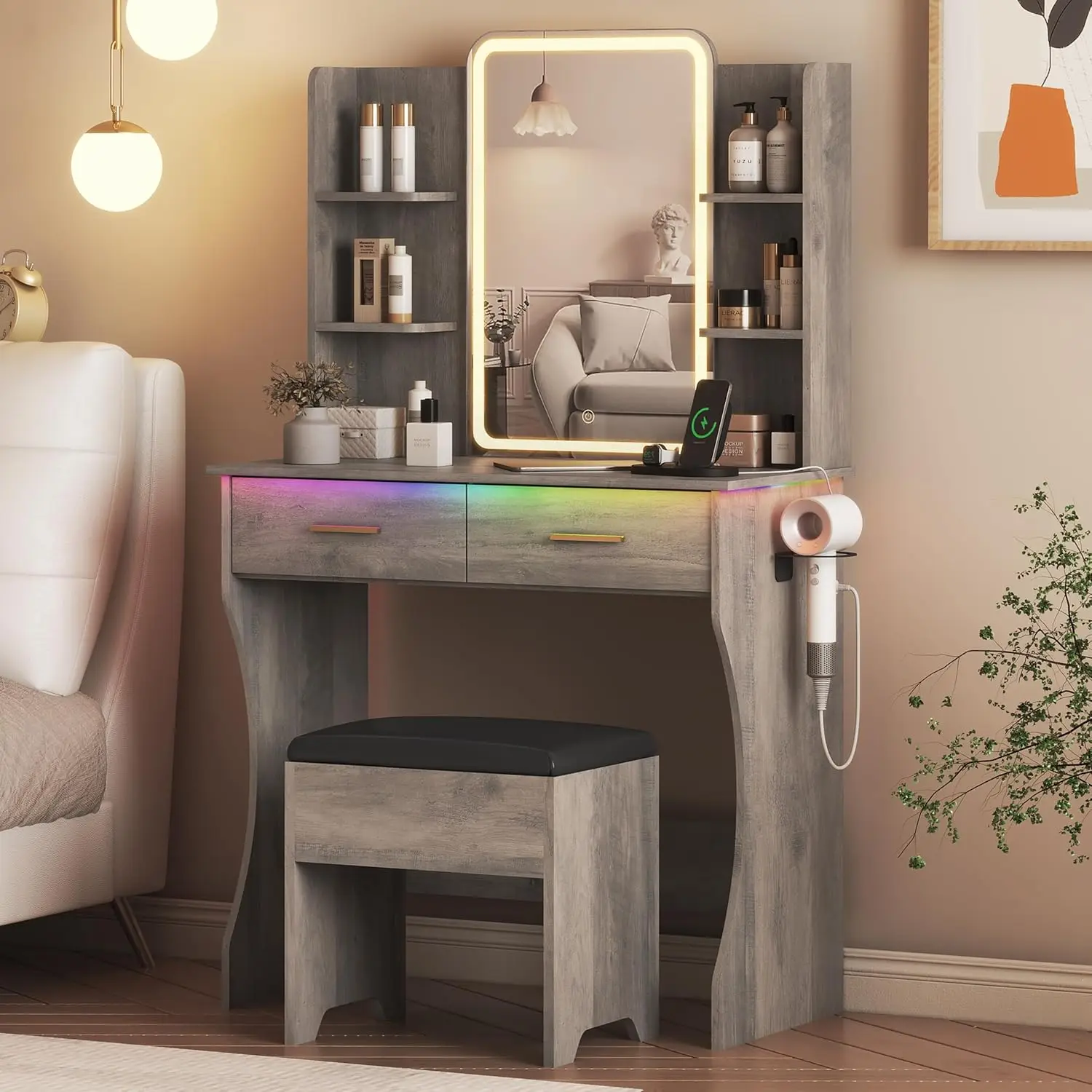 

Vanity Desk with LED Lights Mirror & Power Outlet, Small Makeup Vanity Table Set with Storage Drawers & Chair, 3 Lighting Modes