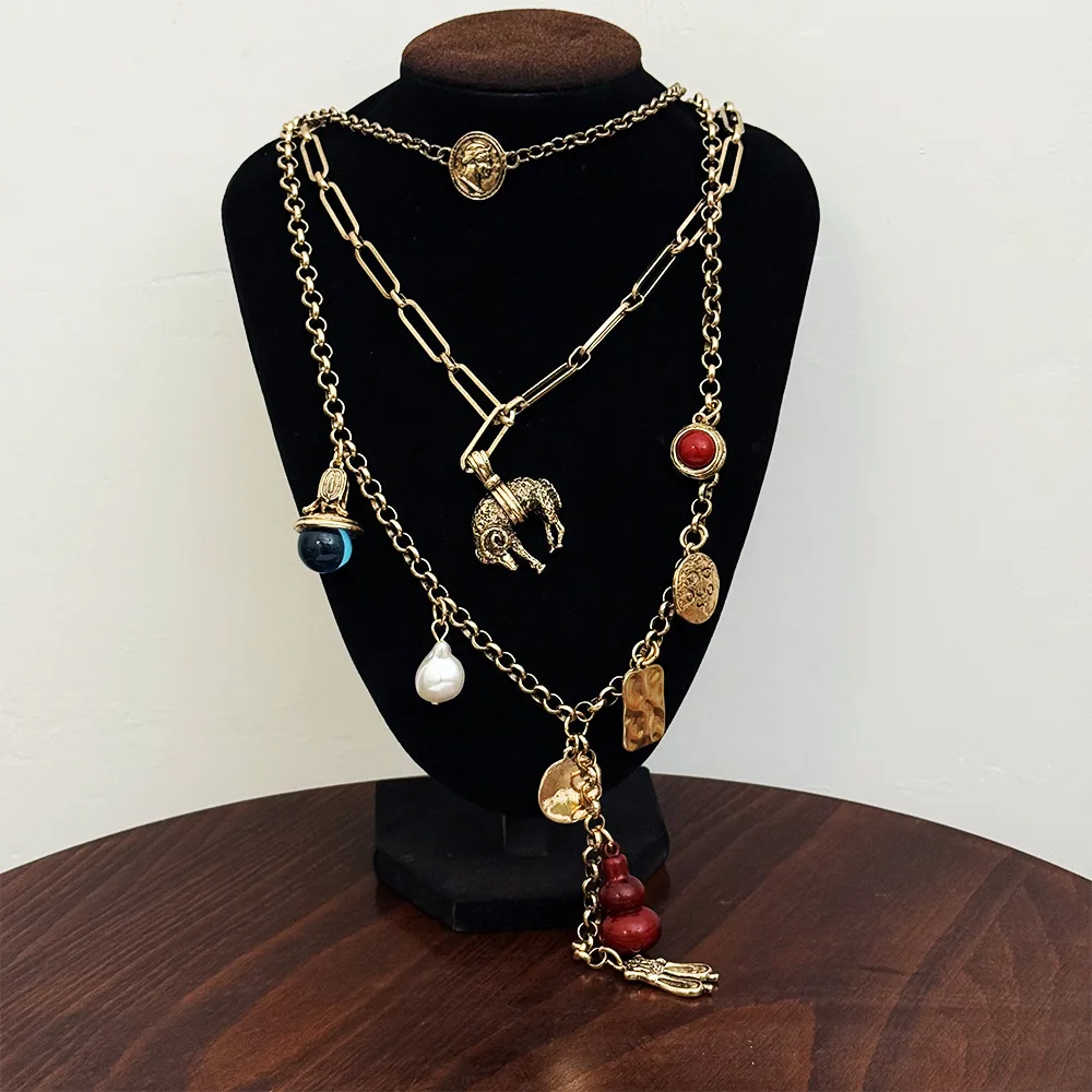 Fashion personality multi-layer stacked necklaces, retro and old multi-element trend pendants, light luxury long necklaces