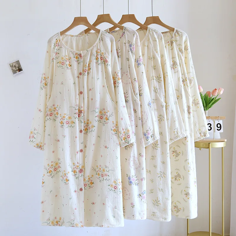 Gauze Cotton Floral Feeding Nightie Breastfeeding Dress For Pregnant Women Autumn New Long Sleeve Lactation Nightgown