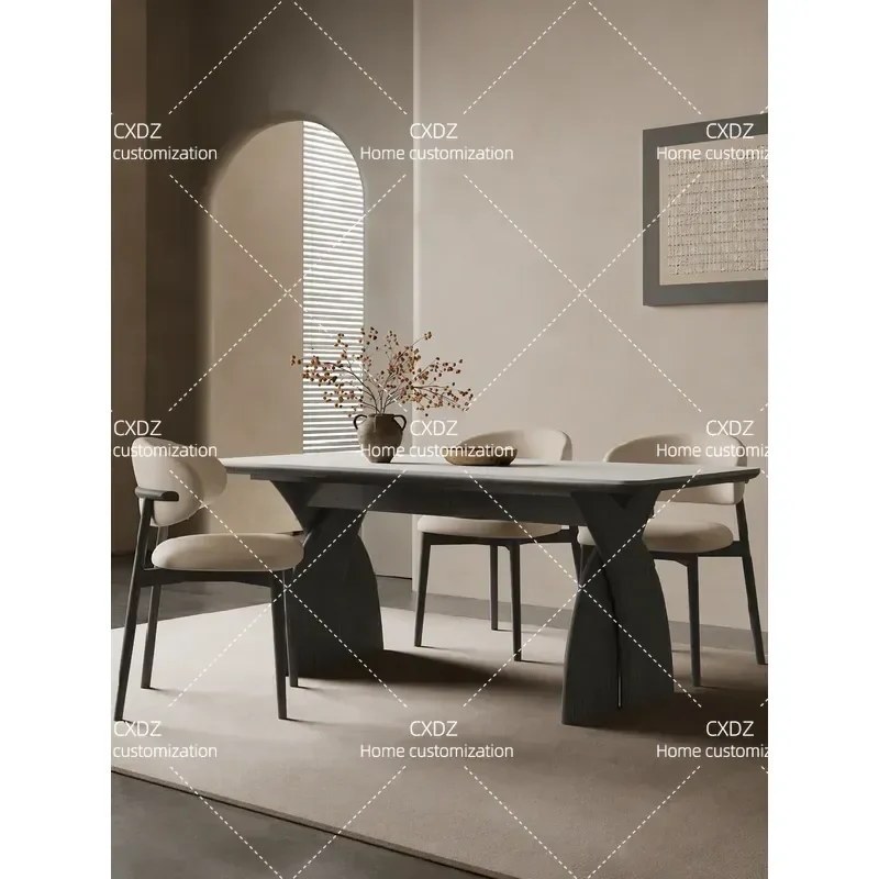 Rectangular Dining Table Solid Wood Frame Matte Pure White Rock Slab Top Modern Simple Wabi Sabi Style Household Furniture