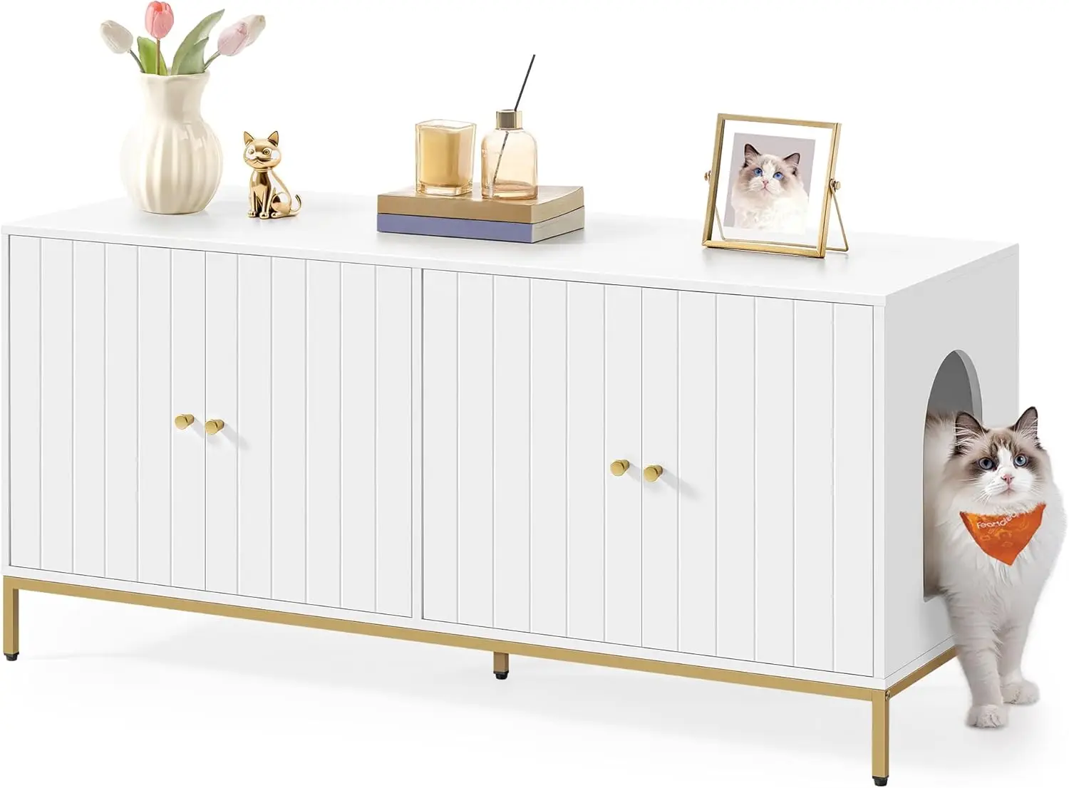 Modern Double Cat Litter Box Enclosure with Scratching Mat, White and Gold Furniture for Privacy and Odor Control