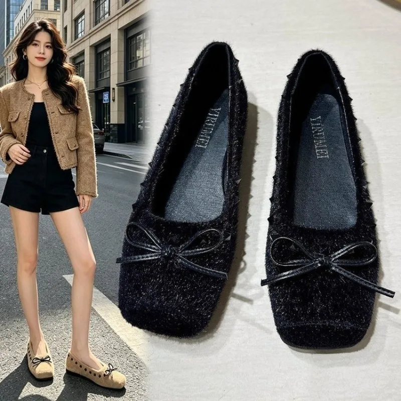 フレンチスタイルのスクエアトゥフラットシューズ、女性用浅めグ - Loafer Flat Women のレビューと価格