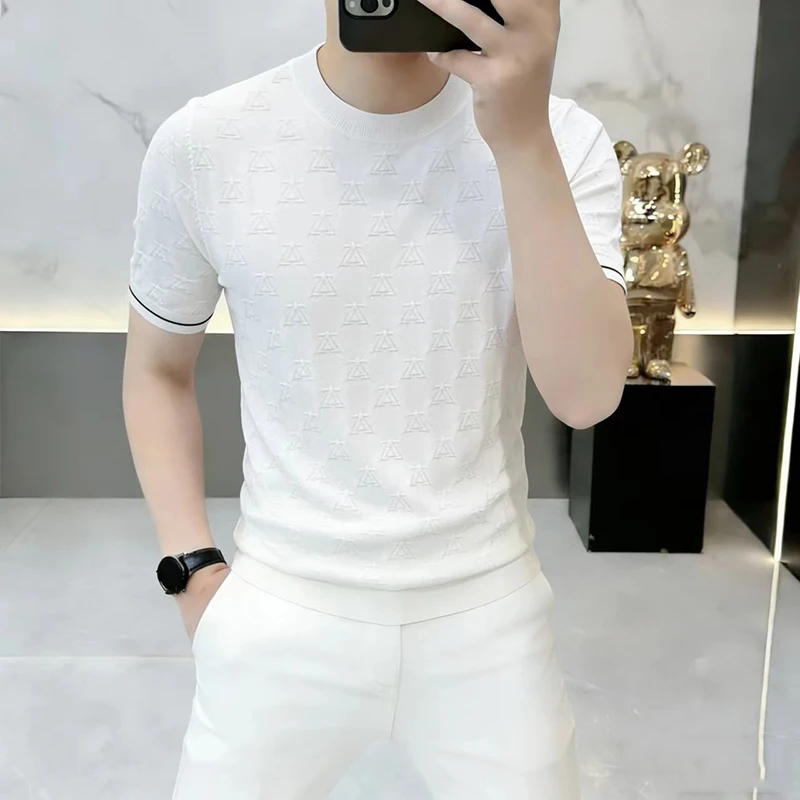 Breathable Stretchy Knitwear T Shirt For Men Short Sleeved Casual Summer High-Quality Viscose Blend Jacquard Camisetas De Hombre