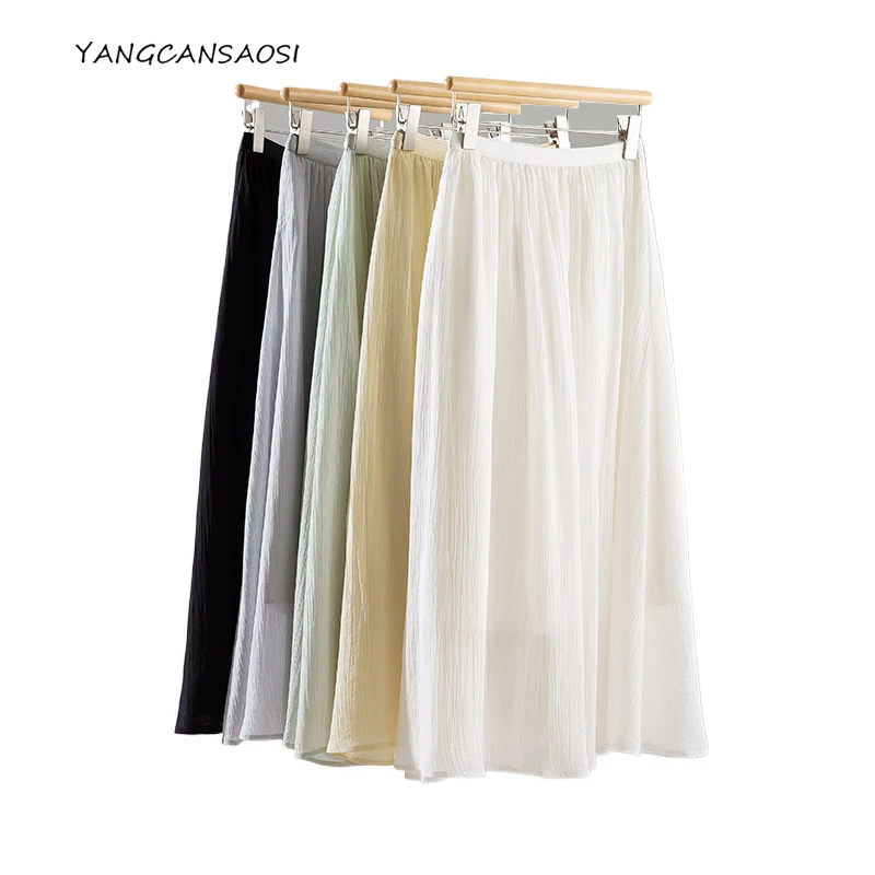 

2025 Women's Spring and Autumn New 100% Lyocell Tencel Elastic Waist Simple Solid Color Casual A-line Casual High Waist Skirt