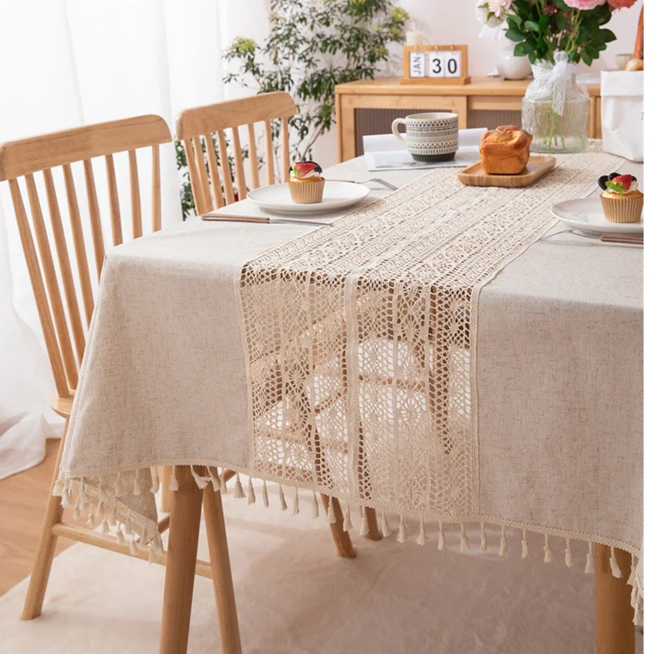 Linen blend Tablecloth,Splice Technology,Jute Rope Lace Dust-Proof Table Cover,for Kitchen Dinning Party Tea Table  Decoration