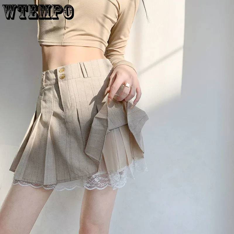 

Lace Hem Pleated Skirt Women's Pure Desire High Waist A-word Built in Shorts Hotsweet American Hottie Preppy Style Spring Summer