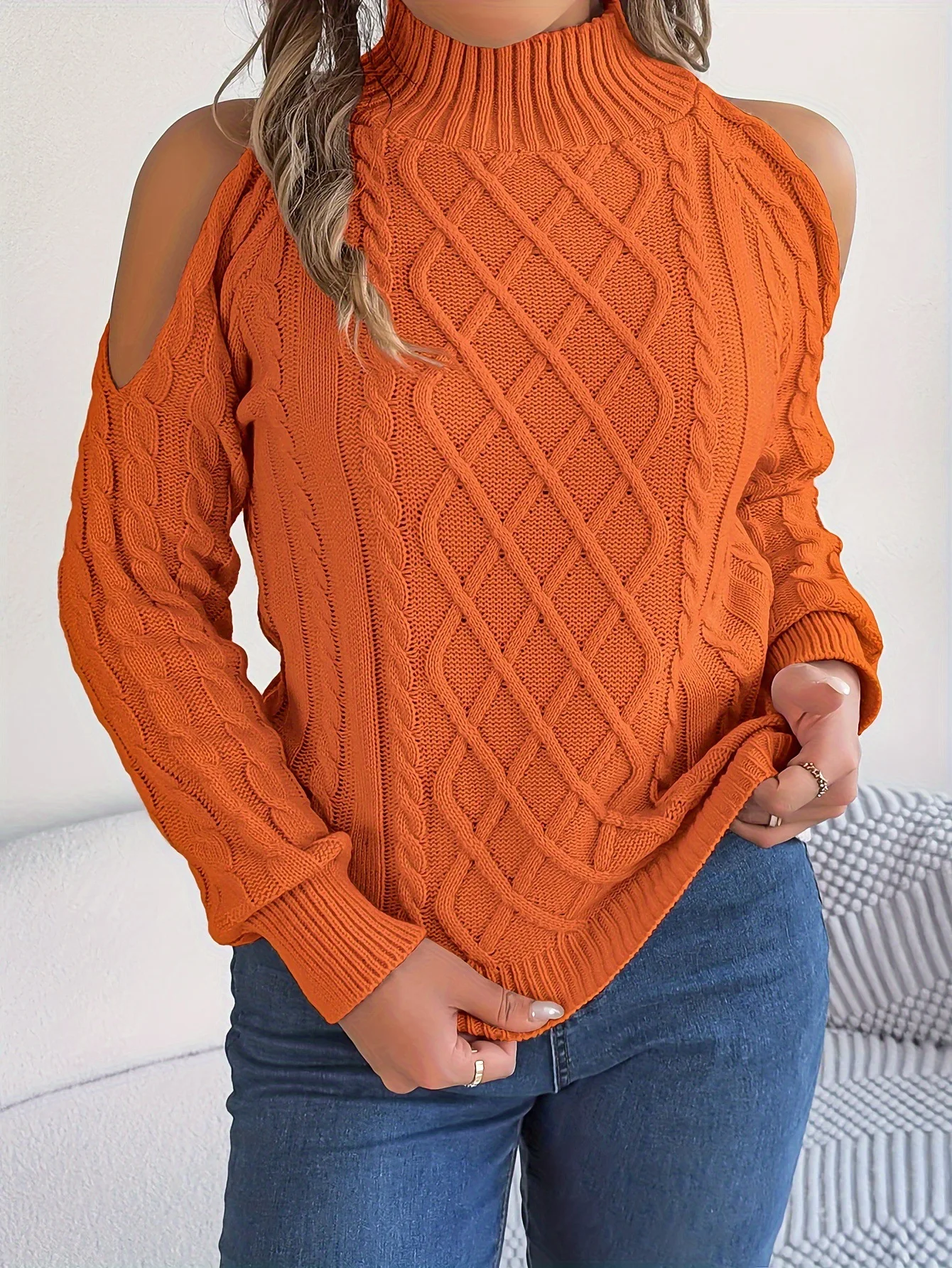 Women's Off Shoulder solid Sweater Fall Winter Twisted flower Long Sleeve high Neck Knit Cabin Core Pullover Tops
