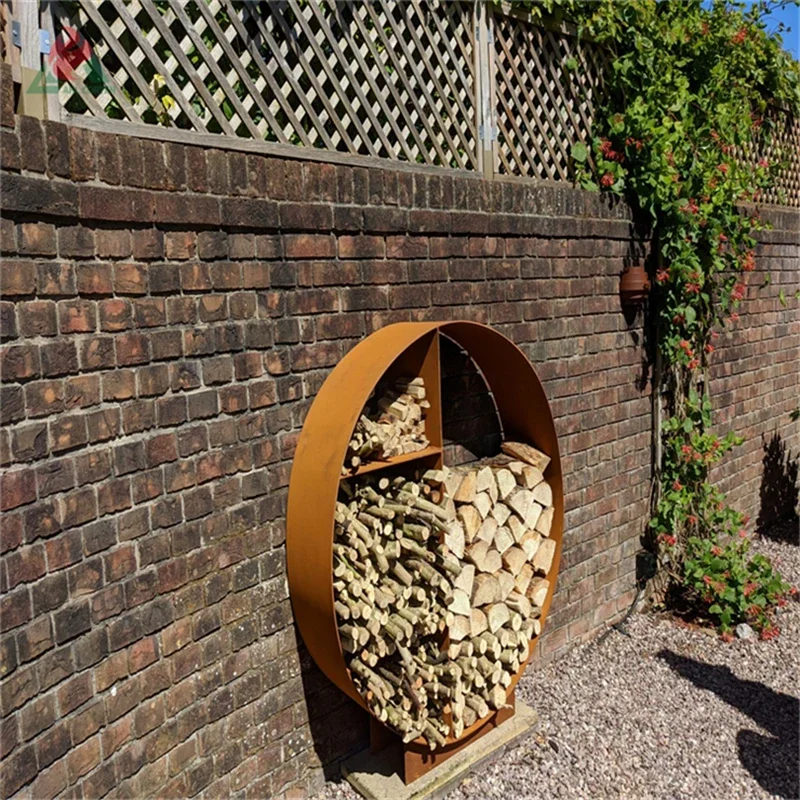 Outdoor Round Corten Steel Firewood Storage For Patio Firewood Log Rack