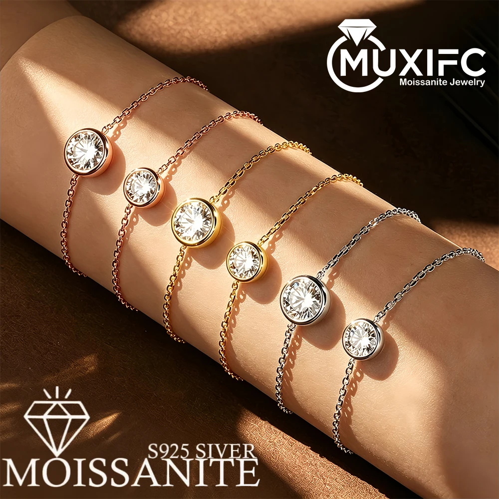 1-2 Carat Round Cut Solitaire Moissanite Diamond Bracelet for Women S925 Silver Plated 18k Gold Wrist Chain with Certificate
