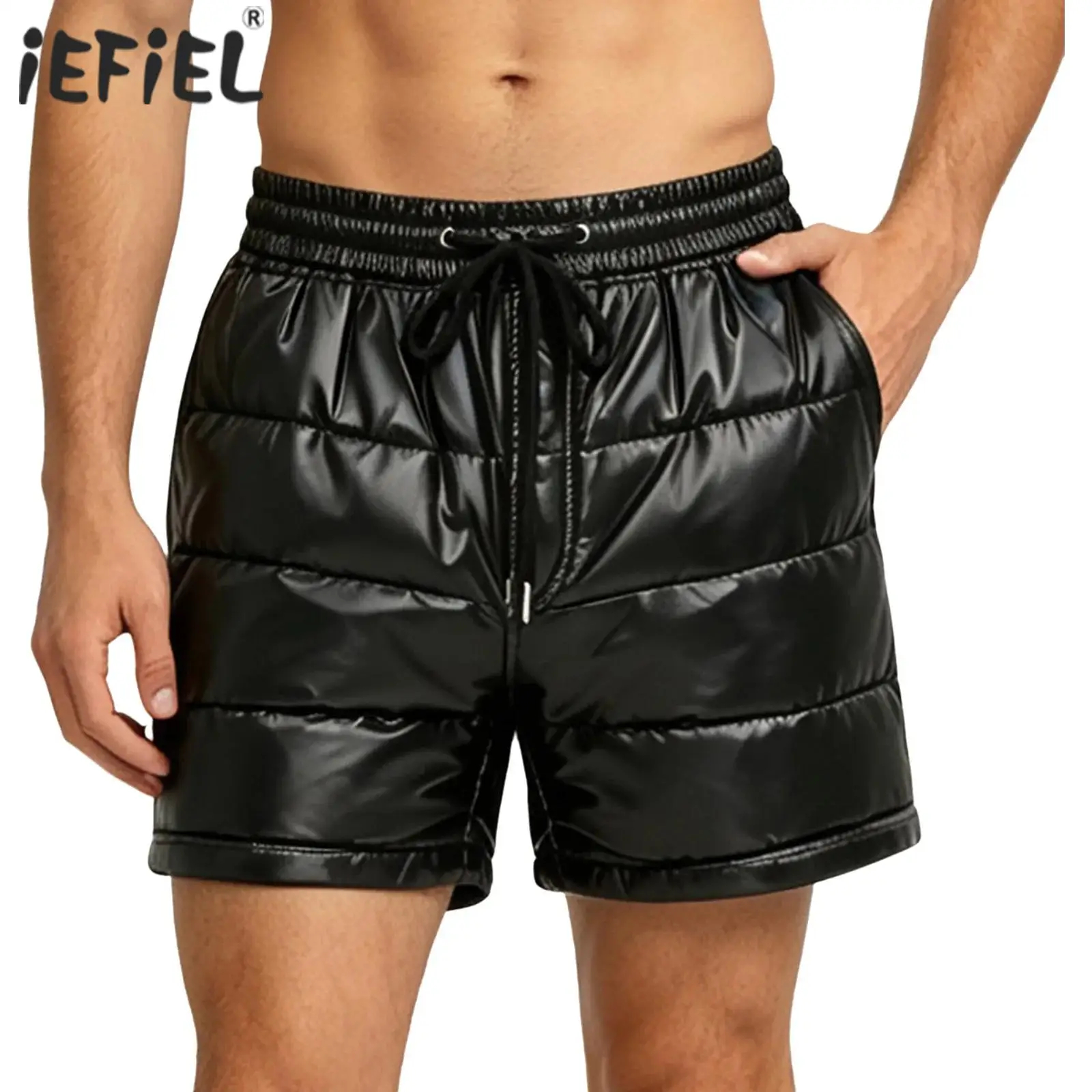 Mens Drawstring Elastic Waist Casual Shorts Glossy Puffer Boxer Short Padded Shorts with Side Pockets Leakproofs Bottoms