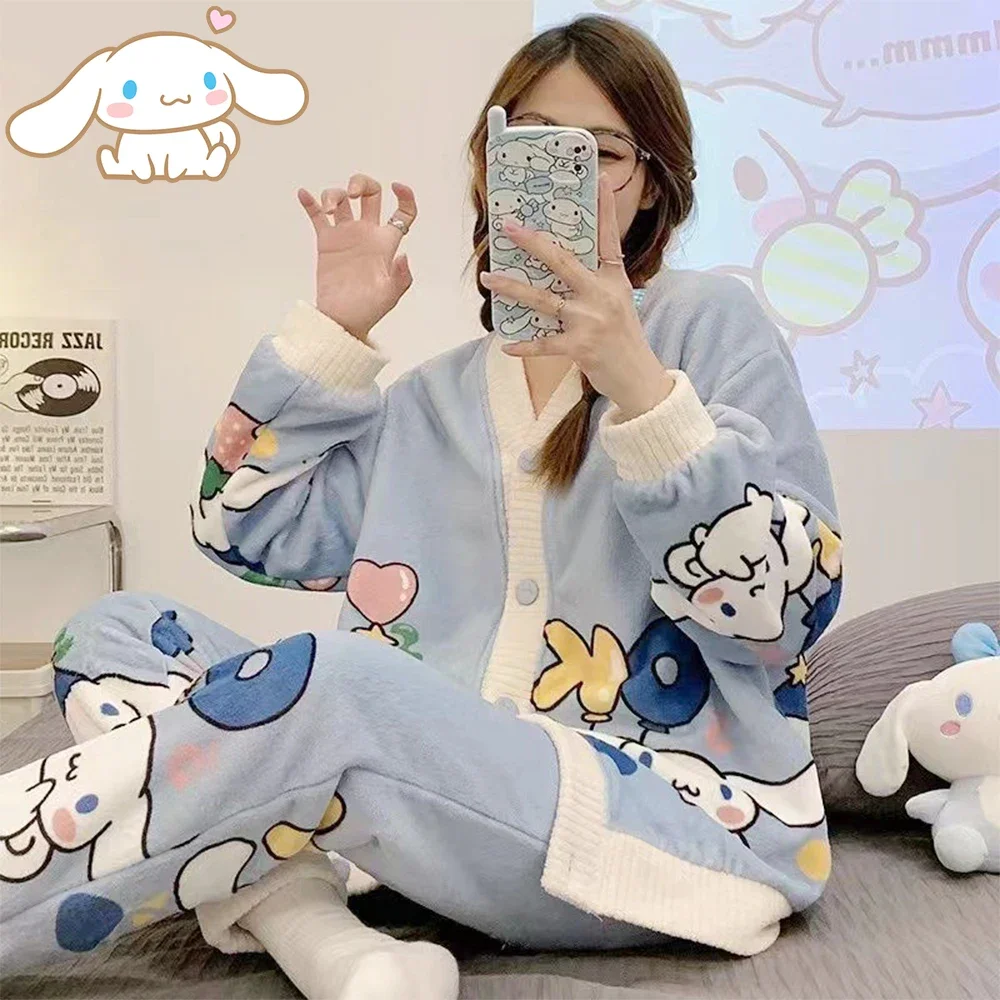 Kawaii Kuromi Cardigan Plush Pajamas Set for Women Sanrioed Anime Cinnamoroll My Melody Home Clothes Spring Winter Sweet Thicken