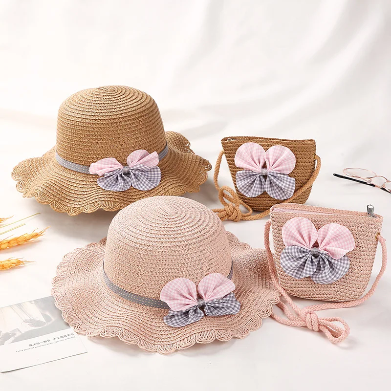 Girls Straw Hat Set Tourism Sun Hat Flower Children Sun Hat and Bag Set Baby Outdoor Wide Brim Bucket Hats