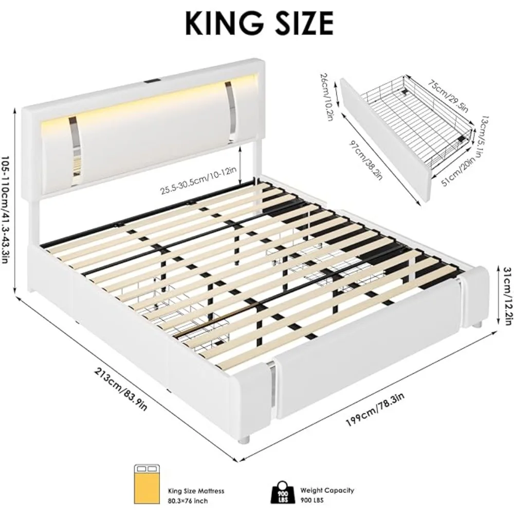 Bed Frame with RGB LED Lights & 2 Storage Drawers, Modern Upholstered Platform Bed with Iron Metal Decor, USB Charging Ports