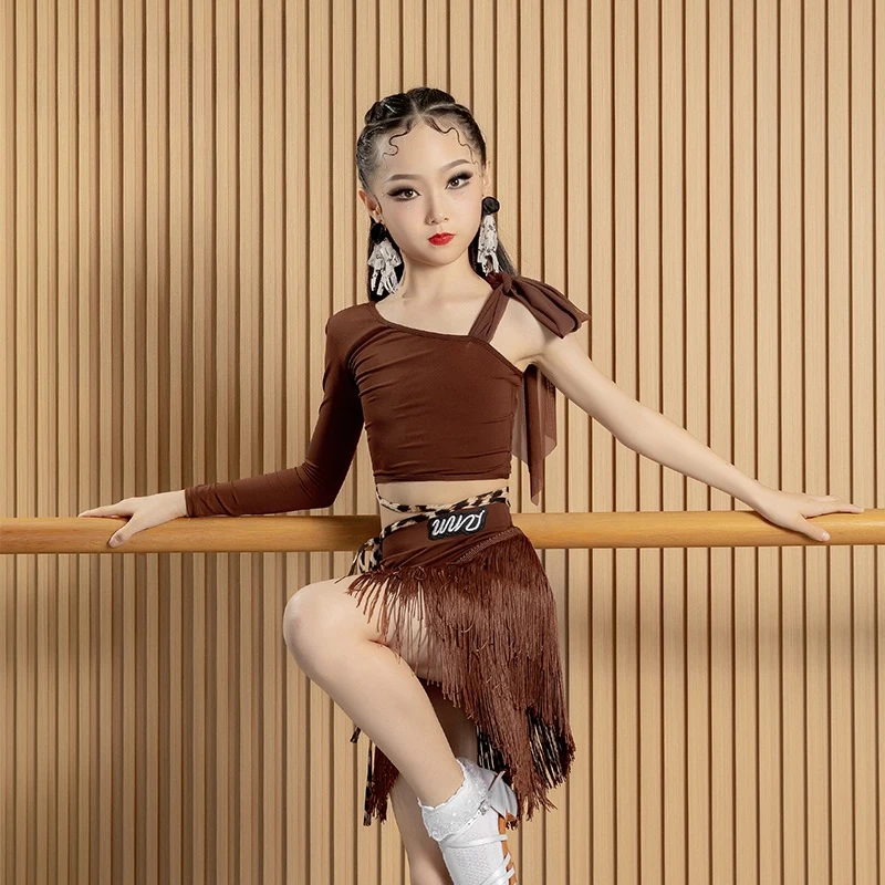 Cha-cha danceLatin danskostuum meisjes oefenkostuum nieuwe kinderprestaties kwastje rok wedstrijdregulatie kostuum