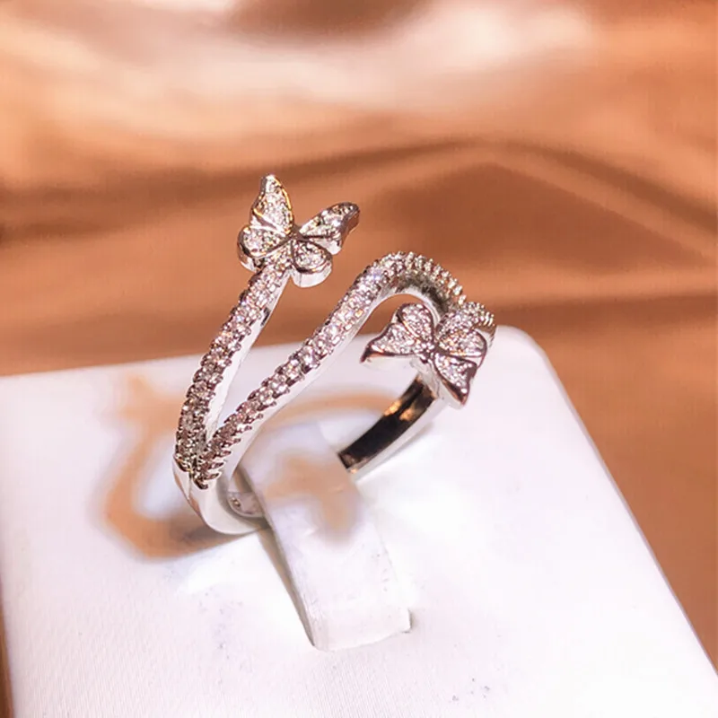NEW Trend Irregular Double Butterfly Round Full Diamond Couple Ring For Women Geometric Silver-Plated Valentine' Gift Jewelry