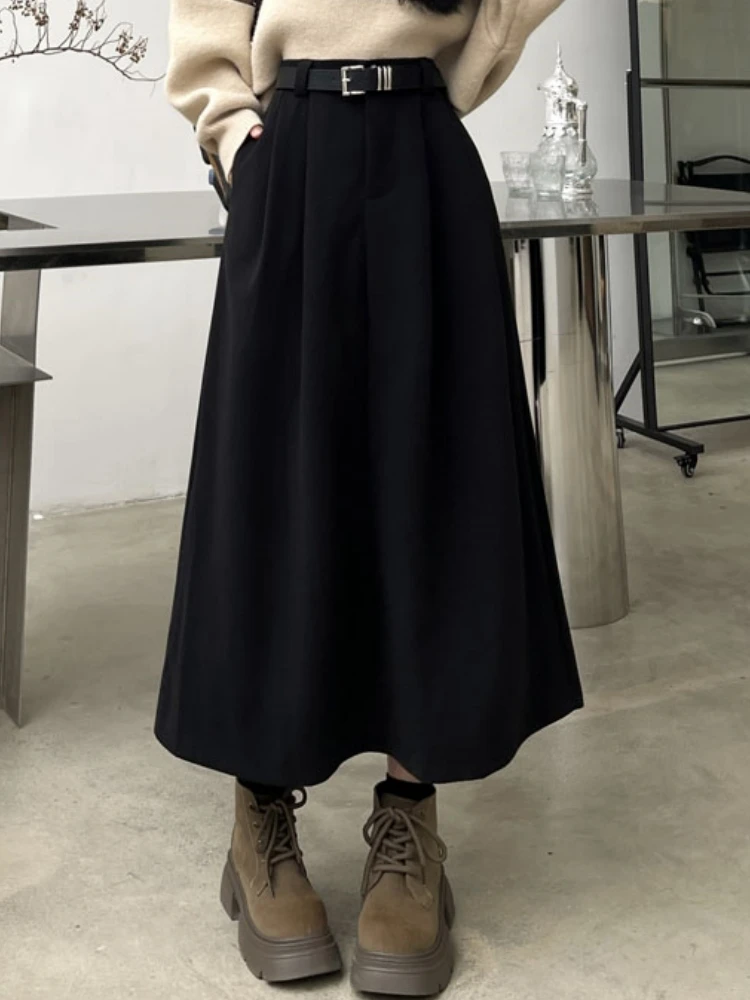 Qiukichonson Mid Long Skirts Womens Woolen Skirt 2024 Autumn Winter Korean Vintage High Waisted Maxi Pleated Skirts With Belt