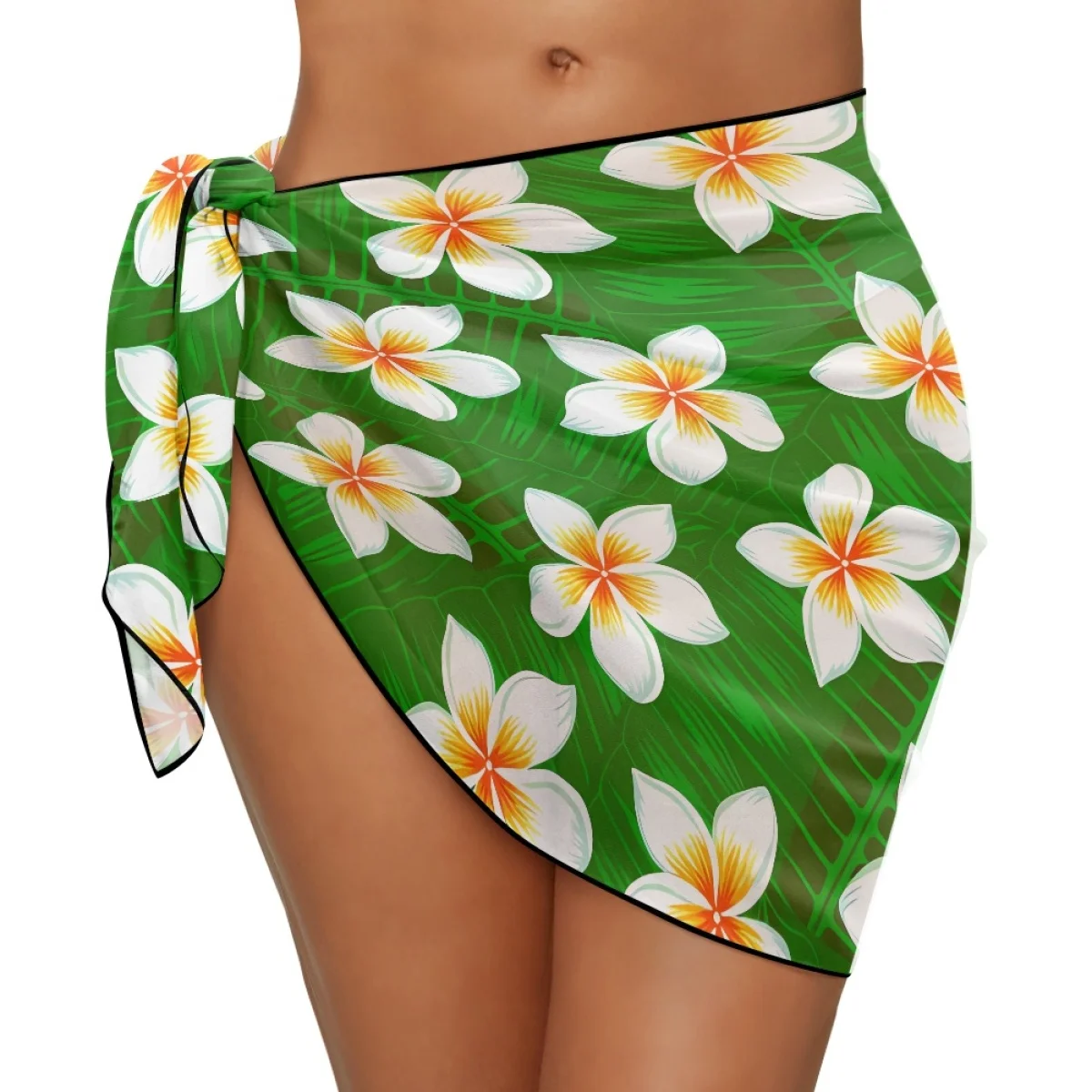 Summer Polynesian Islands Tribal Hawaiian Plumeria Green Print Chiffon Sarong Scarves Beachwear Ladies Cover up for Bikini