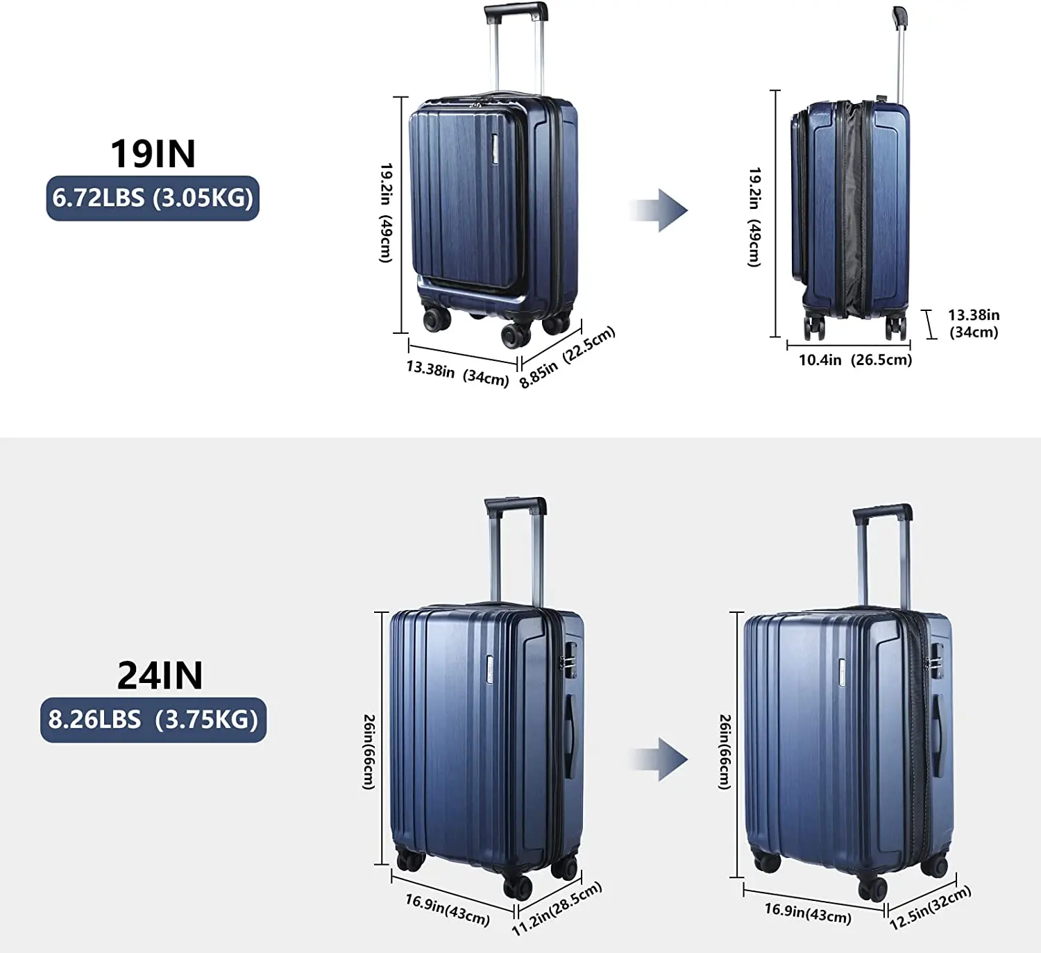 Ensemble de bagages avec poche avant pour ordinateur portable, roues élaborées légères, extensible, ABS et PC, serrure TSA, fermeture éclair YKK, bleu, 20/24, 2 pièces