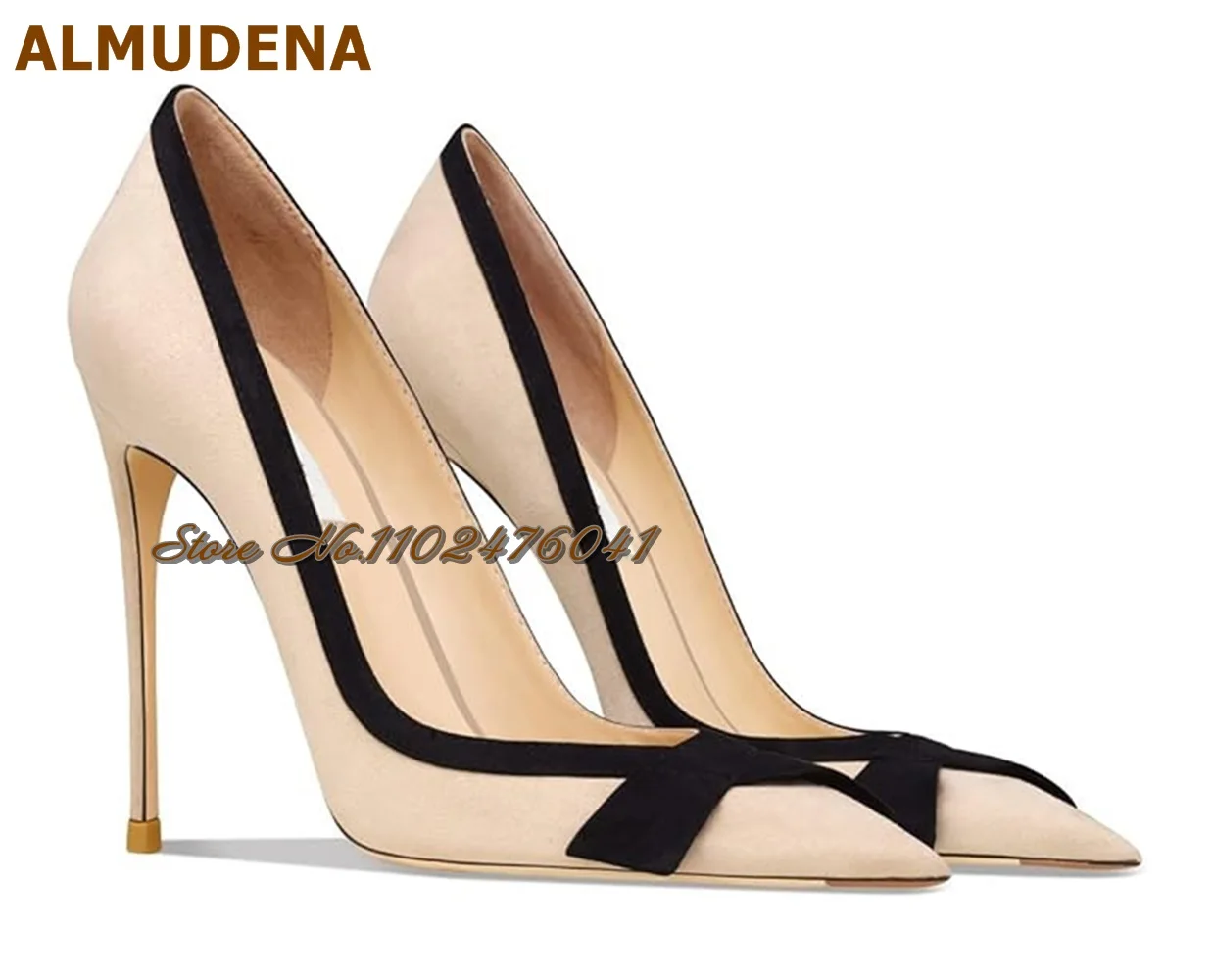 ALMUDENA Scarpe eleganti con tacco a spillo beige Patchwork con nodo a farfalla nero Décolleté da sera eleganti Punta a punta Tacchi poco profondi 12 cm