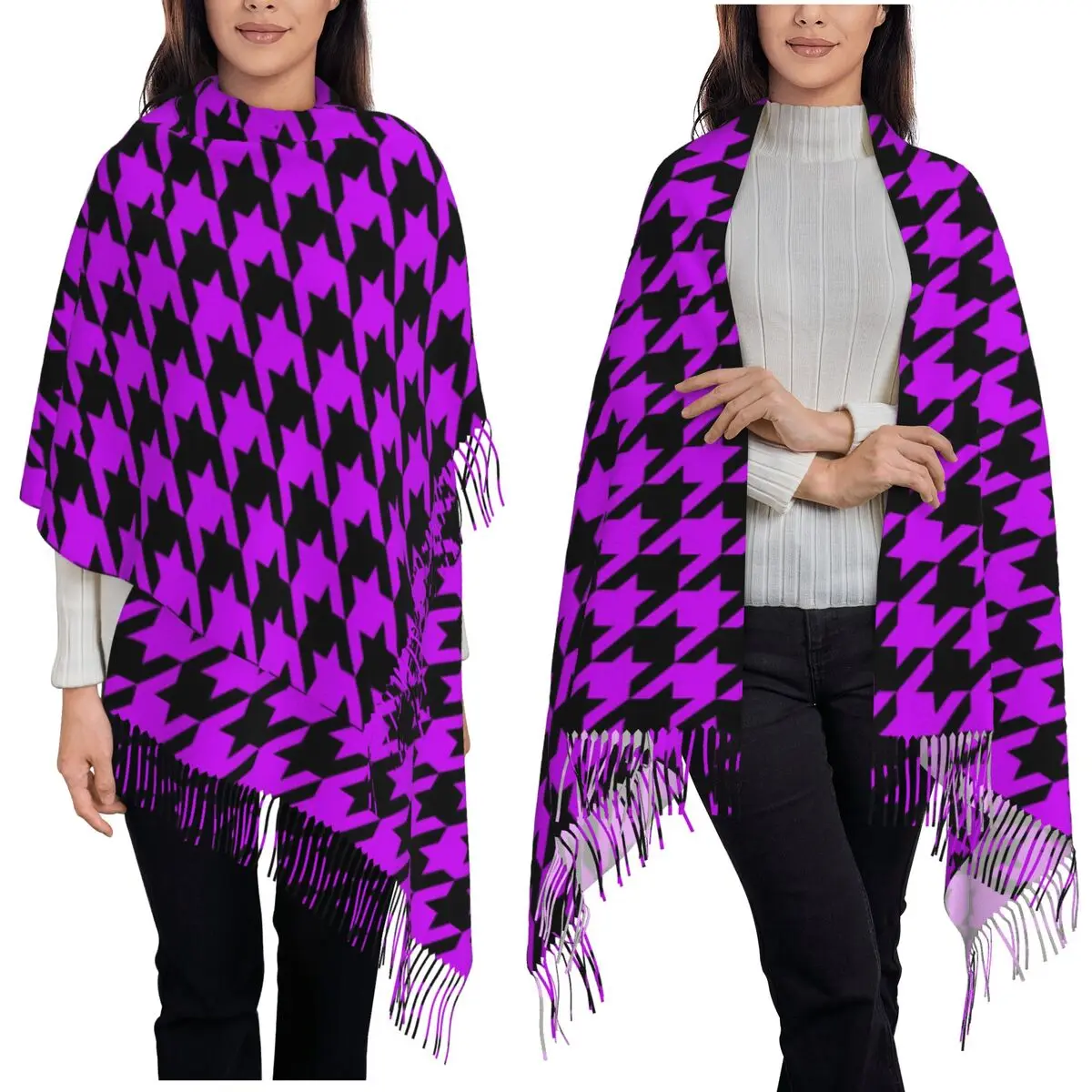 

Клетчатый шарф с рисунком «гусиные лапки», геометрический шарф, шарфы с кисточками, женские мягкие теплые шали и накидки, большая осенне-зимняя шаль