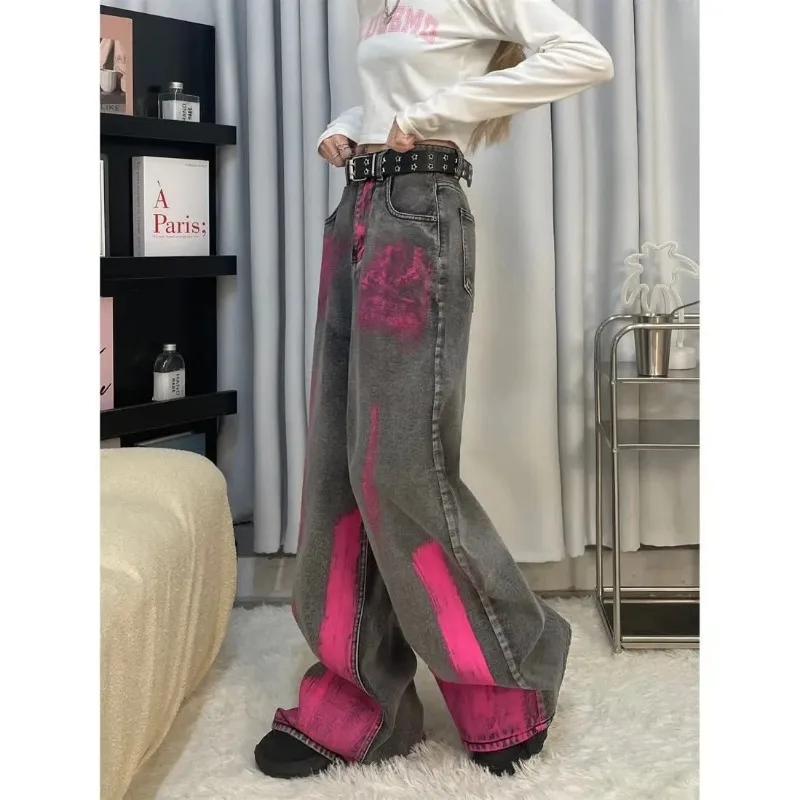 QWEconvex-Jeans grunge Y2k pour femmes, pantalons en denim déchirés, streetwear punk, mode gothique coréenne Harajuku, fjGraffiti Kpop