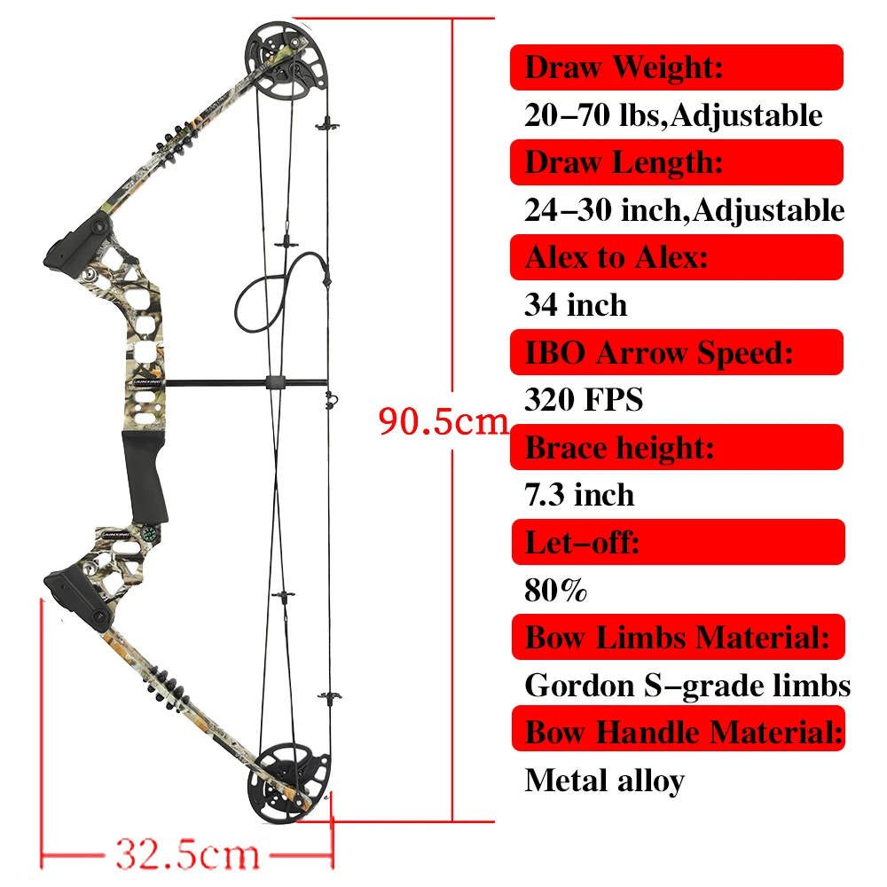 20-70lbs Compound Bow Kit Black Camo Right Hand Pulley Bow IBO 320fps Archery Hunting Shooting Target Let-off 80% Bow Arrow Set